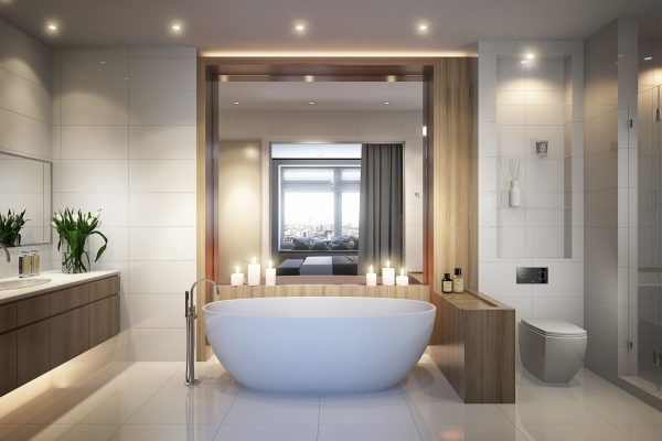 Spacious and bright modern bathroom with white tile large mirror bathtub and shower cabin. 3d rendering
